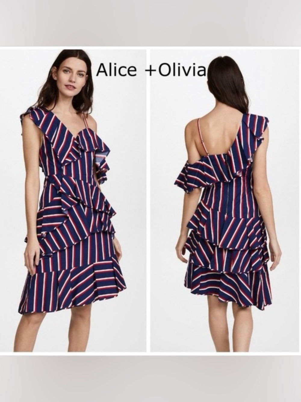 NWT Alice + Olivia Laflora Asymmetrical Ruffle Stripe Dress